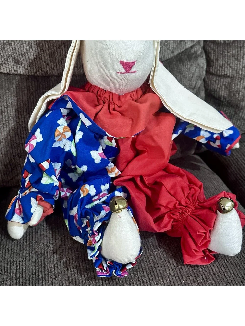 Vintage Floppy Ear Bunny Rabbit Stuffed Doll Christmas Fabric 14” Handmade CUTE!